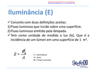 Iluminância (E)
Conceito com duas definições aceitas:
1)Fluxo luminoso que incide sobre uma superfície.
2)Fluxo luminoso emitido pela lâmpada.
Tem como unidade de medida o lux (lx). Que é a
incidência de um lúmen em uma superfície de 1 m2.
E = Iluminância
A = área
Φ = Fluxo Luminoso
Generated by Foxit PDF Creator © Foxit Software
http://www.foxitsoftware.com For evaluation only.
 
