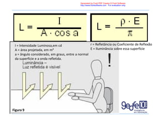 r = Refletância ou Coeficiente de Reflexão
E = Iluminância sobre essa superfície
I = Intensidade Luminosa,em cd
A = área projetada, em m²
a = ângulo considerado, em graus, entre a normal
da superfície e a onda refletida.
Figura 9
Generated by Foxit PDF Creator © Foxit Software
http://www.foxitsoftware.com For evaluation only.
 