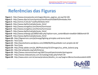 Referências das Figuras
Figura 1 - http://www.anossaescola.com/vagos/dossies_paginas_ver.asp?id=181
Figura 2 - http://www.ufpa.br/ccen/quimica/classificacao%20de%20metodos.htm
Figura 3 - http://omnis.if.ufrj.br/~coelho/DI/texto.html
Figura 4 - http://www.cbpf.br/cat/pdsi/aulas_html/
Figura 5 - http://www.anangelica.com/Home/iluminacao
Figura 6 - http://www.anangelica.com/Home/iluminacao
Figura 7 - http://www.cbpf.br/cat/pdsi/aulas_html/
Figura 8 - http://www.ambergo.pt/2009/index.php?option=com_content&task=view&id=36&Itemid=59
Figura 9 - http://www.cbpf.br/cat/pdsi/aulas_html/
Figura 10 - http://ltgovernors.com/pt/energy/lighting-principles-and-terms.html/
Figura 11 - Tese Costa
Figura 12 - http://paulooliveira.wordpress.com/2008/06/05/qualidade-num-projeto-de-ld/
Figura 13 - Tese Costa
Figura 14 - http://help.adobe.com/pt_BR/Photoshop/10.0/images/sca_white_balance.png
Figura 15 - http://pt.wikipedia.org/wiki/Antenas
Figura 16 - http://www.scienceinschool.org/2007/issue4/spectrometer/portuguese
Figura 17 - http://www.reidasvalvulas.com.br/catalog/index.php?cPath=39
Figura 18 - http://www.seton.com.br/aanew/produtos/detalhe_mc.asp?pagina=0&merchandisecodeid=A209
Generated by Foxit PDF Creator © Foxit Software
http://www.foxitsoftware.com For evaluation only.
 