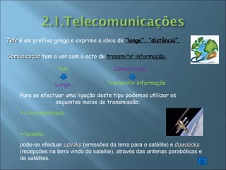 Tele   é um prefixo grego e exprime a ideia de  “longe”, “distância”. Linha telefónica Satélite:  pode-se efectuar  uplinks   (emissões da terra para o satélite) e  downlinks   (recepções na terra vindo do satélite), através das antenas parabólicas e de satélites.  Comunicação  tem a ver com o acto de  transmitir informação. Para se efectuar uma ligação deste tipo podemos utilizar os seguintes meios de transmissão: Tele Longe  Comunicação Transmitir informação 