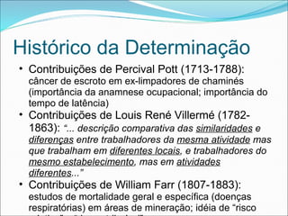 Histórico da Determinação
• Contribuições de Percival Pott (1713-1788):
câncer de escroto em ex-limpadores de chaminés
(importância da anamnese ocupacional; importância do
tempo de latência)
• Contribuições de Louis René Villermé (1782-
1863): “... descrição comparativa das similaridades e
diferenças entre trabalhadores da mesma atividade mas
que trabalham em diferentes locais, e trabalhadores do
mesmo estabelecimento, mas em atividades
diferentes...”
• Contribuições de William Farr (1807-1883):
estudos de mortalidade geral e específica (doenças
respiratórias) em áreas de mineração; idéia de “risco
 