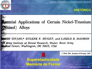 Prof. Marco A. Versiani, D.D.S., M.Sc.
Conceitos Avançados em Instrumentação Rotatória
Superelasticidade
Memória de Forma
Superelasticidade
Memória de Forma
HISTÓRICO
 