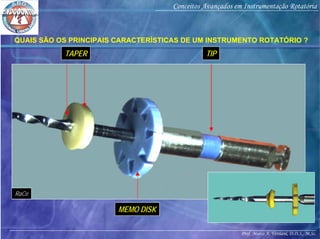 Prof. Marco A. Versiani, D.D.S., M.Sc.
Conceitos Avançados em Instrumentação Rotatória
TIPTAPER
MEMO DISK
RaCe
QUAIS SÃO OS PRINCIPAIS CARACTERÍSTICAS DE UM INSTRUMENTO ROTATÓRIO ?
 