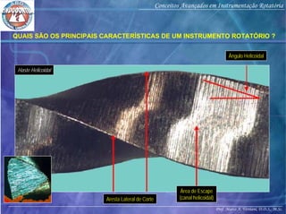 Prof. Marco A. Versiani, D.D.S., M.Sc.
Conceitos Avançados em Instrumentação Rotatória
Aresta Lateral de Corte
Área de Escape
(canal helicoidal)
Ângulo Helicoidal
QUAIS SÃO OS PRINCIPAIS CARACTERÍSTICAS DE UM INSTRUMENTO ROTATÓRIO ?
Haste Helicoidal
 