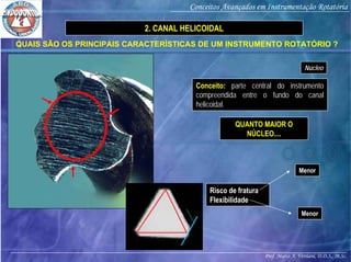 Prof. Marco A. Versiani, D.D.S., M.Sc.
Conceitos Avançados em Instrumentação Rotatória
QUAIS SÃO OS PRINCIPAIS CARACTERÍSTICAS DE UM INSTRUMENTO ROTATÓRIO ?
Núcleo
2. CANAL HELICOIDAL
Conceito: parte central do instrumento
compreendida entre o fundo do canal
helicoidal.
QUANTO MAIOR O
NÚCLEO....
Risco de fratura
Flexibilidade
Menor
Menor
 