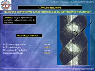 Prof. Marco A. Versiani, D.D.S., M.Sc.
Conceitos Avançados em Instrumentação Rotatória
QUAIS SÃO OS PRINCIPAIS CARACTERÍSTICAS DE UM INSTRUMENTO ROTATÓRIO ?
4. ÂNGULO HELICOIDAL
Conceito: é o ângulo agudo formado
pela hélice e o plano contendo o eixo do
instrumento.
QUANTO MAIOR O ÂNGULO....
Ação de alargamento
Ação de limagem
Comprimento da hélice
Fratura em rotação
menor
maior
menor
maior
 