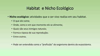 • Nicho ecológico: atividades que o ser vivo realiza em seu habitat.
• O que ele come;
• Onde, como e em que momento ele se alimenta;
• Quais são seus inimigos naturais;
• Forma e época de sua reprodução;
• Entre outros.
• Pode ser entendido como a “profissão” do organismo dentro do ecossistema.
Habitat e Nicho Ecológico
 