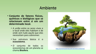 Ambiente
• Conjunto de fatores físicos,
químicos e biológicos que se
relacionam entre si em um
determinado local.
• A união entre os seres vivos e
o local onde eles habitam e de
onde vem tudo aquilo que eles
necessitam para sobreviver.
• Sua estrutura básica é o
ecossistema.
• O conjunto de todos os
ecossistemas de um planeta se
chama Biosfera.
http://ceramicacecrisa.com.br/meio-ambiente/
 