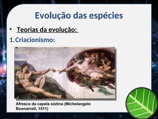 Evolução das espécies
• Teorias da evolução:
1.Criacionismo:
Afresco da capela sistina (Michelangelo
Buonarroti, 1511)
 