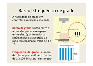 Razão e frequência de grade
• A habilidade da grade em
controlar a radiação espalhada
• Razão de grade : razão entre a
altura das placas e o espaço
entre elas. Quanto maior aentre elas. Quanto maior a
razão, maior é a absorção da
radiação espalhada. Varia de 4 a
16
• Frequencia de grade : numero
de placas por centímetro. Varia
de 1 a 100 linhas por centímetro.
 