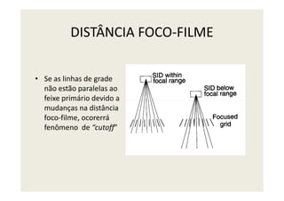 DISTÂNCIA FOCO-FILME
• Se as linhas de grade
não estão paralelas ao
feixe primário devido afeixe primário devido a
mudanças na distância
foco-filme, ocorerrá
fenômeno de “cutoff”
 