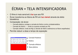 ÉCRAN = TELA INTENSIFICADORA
• O filme é mais sensível à luz que aos RX
• Écran transforma os fótons de RX em luz visível através de efeito
fotoelétrico
• Composição: do écran
– Camada plástica: protege a camada de fósforo contra umidade/estática
– Camada de fósforo – emite luz quando excitado por RX
– Camada refletora: óxido de Mg ou dióxido de titânio (redireciona os fótons espalhados)
• Permite reduzir a dose e tempo de exposição
Camada Protetora
Fósforo
Camada refletora
Base plástica
 