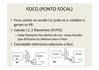 FOCO (PONTO FOCAL)
• Foco: ponto no anodo (+) onde os e- colidem e
geram os RX
• Catodo (-): 2 filamentos (FF/FG)
– Cada filamento fica dentro de um corpo focador– Cada filamento fica dentro de um corpo focador
que direciona os elétrons para o foco
• Comutador eletronico seleciona o foco
Anodo Catodo
Anodo Catodo
+
_
FF FG
 