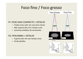 Foco fino / Foco grosso
FF: FEIXE MAIS COMPACTO > DETALHE
– Produz mais calor em uma àrea menor
– Não suporta alto mA / tempo curto
– Aumenta artefatos de movimento
Foco Grosso Foco Fino
– Aumenta artefatos de movimento
FG: PENUMBRA < DETALHE
– Suporta alto mA com tempo curto
– Perde detalhe
Penumbra
Filme Filme
 