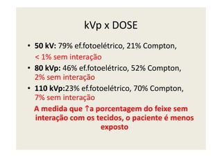kVp x DOSE
• 50 kV: 79% ef.fotoelétrico, 21% Compton,
< 1% sem interação
• 80 kVp: 46% ef.fotoelétrico, 52% Compton,
2% sem interação2% sem interação
• 110 kVp:23% ef.fotoelétrico, 70% Compton,
7% sem interação
A medida que a porcentagem do feixe sem
interação com os tecidos, o paciente é menos
exposto
 