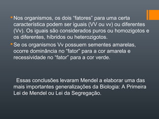  Nos organismos, os dois “fatores” para uma certa
  característica podem ser iguais (VV ou vv) ou diferentes
  (Vv). Os iguais são considerados puros ou homozigotos e
  os diferentes, híbridos ou heterozigotos.
 Se os organismos Vv possuem sementes amarelas,
  ocorre dominância no “fator” para a cor amarela e
  recessividade no “fator” para a cor verde.



  Essas conclusões levaram Mendel a elaborar uma das
 mais importantes generalizações da Biologia: A Primeira
 Lei de Mendel ou Lei da Segregação.
 