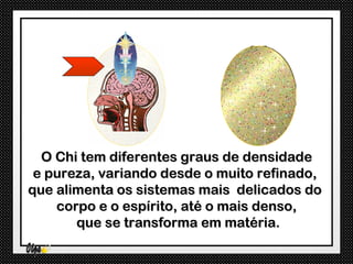 O Chi tem diferentes graus de densidade
 e pureza, variando desde o muito refinado,
que alimenta os sistemas mais delicados do
    corpo e o espírito, até o mais denso,
       que se transforma em matéria.
 