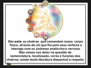 São sete os chakras que comandam nosso corpo
  físico, através do chi que flui pelo seus vórtices e
   interage com os sistemas endócrino e nervoso.
         Não vamos nos deter na questão da
  nomenclatura, localização, cores e funções dos
chakras; existe muita literatura disponível a respeito.
 