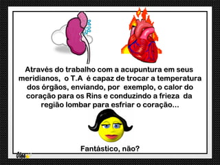 Através do trabalho com a acupuntura em seus
meridianos, o T.A é capaz de trocar a temperatura
 dos órgãos, enviando, por exemplo, o calor do
 coração para os Rins e conduzindo a frieza da
      região lombar para esfriar o coração...




                Fantástico, não?
 