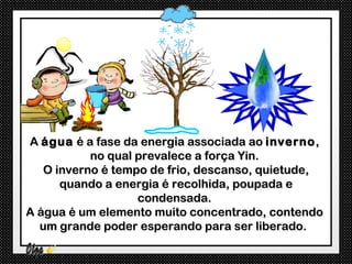 A água é a fase da energia associada ao inverno ,
           no qual prevalece a força Yin.
   O inverno é tempo de frio, descanso, quietude,
      quando a energia é recolhida, poupada e
                   condensada.
A água é um elemento muito concentrado, contendo
  um grande poder esperando para ser liberado.
 