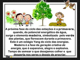 A próxima fase do ciclo das estações é a primavera ,
      quando, do potencial energético da água,
surge o elemento madeira , simbolizado pelo verde
  das plantas, que florescem durante a primavera.
   Este é um estágio Yang do ciclo das energias.
       Madeira é a fase da geração criativa de
    energia, que é expansiva, alegre e explosiva.
  Tempo de semear o que desejamos colher e que
      desperta nos seres o desejo de procriar.
 