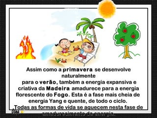Assim como a primavera se desenvolve
                    naturalmente
    para o verão , também a energia expansiva e
  criativa da Madeira amadurece para a energia
 florescente do Fogo . Esta é a fase mais cheia de
       energia Yang e quente, de todo o ciclo.
Todas as formas de vida se aquecem nesta fase de
            amadurecimento da energia.
 