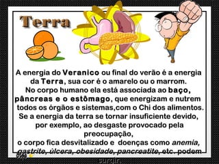 A energia do Veranico ou final do verão é a energia
     da Terra , sua cor é o amarelo ou o marrom.
   No corpo humano ela está associada ao baço,
pâncreas e o estômago , que energizam e nutrem
todos os órgãos e sistemas,com o Chi dos alimentos.
 Se a energia da terra se tornar insuficiente devido,
      por exemplo, ao desgaste provocado pela
                    preocupação,
 o corpo fica desvitalizado e doenças como anemia,
gastrite, úlcera, obesidade, pancreatite, etc. podem
                         surgir.
 