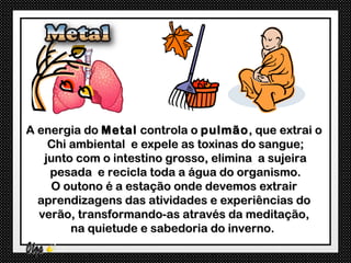 A energia do Metal controla o pulmão , que extrai o
    Chi ambiental e expele as toxinas do sangue;
   junto com o intestino grosso, elimina a sujeira
    pesada e recicla toda a água do organismo.
    O outono é a estação onde devemos extrair
  aprendizagens das atividades e experiências do
  verão, transformando-as através da meditação,
        na quietude e sabedoria do inverno.
 