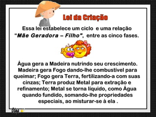Essa lei estabelece um ciclo e uma relação
“Mãe Geradora – Filho” , entre as cinco fases.




 Água gera a Madeira nutrindo seu crescimento.
 Madeira gera Fogo dando-lhe combustível para
queimar; Fogo gera Terra, fertilizando-a com suas
   cinzas; Terra produz Metal para extração e
 refinamento; Metal se torna líquido, como Água
   quando fundido, somando-lhe propriedades
         especiais, ao misturar-se à ela .
 
