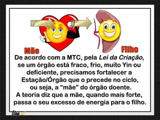 De acordo com a MTC, pela Lei da Criação,
 se um órgão está fraco, frio, muito Yin ou
     deficiente, precisamos fortalecer a
   Estação/Órgão que o precede no ciclo,
      ou seja, a “mãe” do órgão doente.
 A teoria diz que a mãe, quando mais forte,
passa o seu excesso de energia para o filho.
 