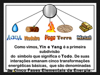 Como vimos, Yin e Yang é a primeira
                subdivisão
 do símbolo que significa o Todo . De suas
 interações emanam cinco transformações
energéticas básicas, que são denominadas
as Cinco Fases Elementais da Energia .
 