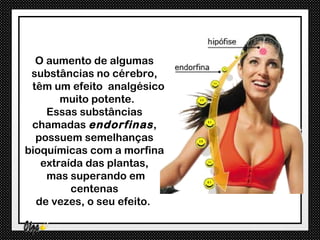 O aumento de algumas
 substâncias no cérebro,
 têm um efeito analgésico
       muito potente.
    Essas substâncias
 chamadas endorfinas ,
  possuem semelhanças
bioquímicas com a morfina
   extraída das plantas,
    mas superando em
         centenas
  de vezes, o seu efeito.
 