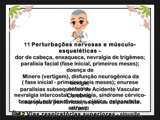 11 Perturbações nervosas e músculo-
                    esqueléticas –
dor de cabeça, enxaqueca, nevralgia de trigêmeo;
  paralisia facial (fase inicial, primeiros meses);
                       doença de
   Minere (vertigem), disfunção neurogênica da
   ( fase inicial - primeiros seis meses); enurese
                         bexiga,
                        noturna,
  paralisias subsequentes de Acidente Vascular
nevralgia intercostal, lombalgia, síndrome cérvico-
                        Cerebral,
 braquial, artrites diversas, ciática, da paralisia
  neuropatias periféricas; sequelas osteoartrite,
                        artrose.
                         infantil
 12 Vias respiratórias superiores - sinusite,
 