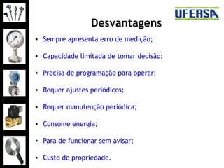 Desvantagens
• Sempre apresenta erro de medição;
• Capacidade limitada de tomar decisão;
• Precisa de programação para operar;
• Requer ajustes periódicos;
• Requer manutenção periódica;
• Consome energia;
• Para de funcionar sem avisar;
• Custo de propriedade.
 