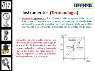 Instrumentos (Terminologia)
 Histerese (Hysteresis): É a diferença máxima apresentada por um
instrumento, para um mesmo valor, em qualquer ponto da faixa
de trabalho, quando a variável percorre toda a escala no sentido
ascendente e descendente. É expresso em porcentagem do span.
 