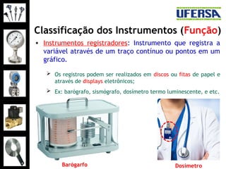 Classificação dos Instrumentos (Função)
• Instrumentos registradores: Instrumento que registra a
variável através de um traço contínuo ou pontos em um
gráfico.
 Os registros podem ser realizados em discos ou fitas de papel e
através de displays eletrônicos;
 Ex: barógrafo, sismógrafo, dosímetro termo luminescente, e etc.
Barógarfo Dosímetro
 