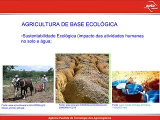 AGRICULTURA DE BASE ECOLÓGICA Sustentabilidade Ecológica (impacto das atividades humanas no solo e água; Fonte: www.sct.embrapa.br/dctv/2009/img/2-tracao_animal_web.jpg Fonte: www.ana.gov.br/bibliotecavirtual/arquivos/ 20060608113215 Fonte:  www.cnpdia.embrapa.br/noticia_ 11062007.html 