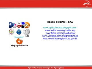 REDES SOCIAIS – SAA www.agriculturasp.blogspot.com   www.twitter.com/agriculturasp www.flickr.com/agriculturasp www.youtube.com.br/agricultura.sp http://www.aptaregional.sp.gov.br 