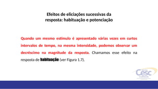 Efeitos de eliciações sucessivas da
resposta: habituação e potenciação
Quando um mesmo estímulo é apresentado várias vezes em curtos
intervalos de tempo, na mesma intensidade, podemos observar um
decréscimo na magnitude da resposta. Chamamos esse efeito na
resposta de habituação (ver Figura 1.7).
 