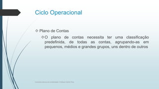 Ciclo Operacional
 Plano de Contas
O plano de contas necessita ter uma classificação
predefinida, de todas as contas, agrupando-as em
pequenos, médios e grandes grupos, uns dentro de outros
Conceitos básicos de contabilidade- Professor Danilo Pires
 