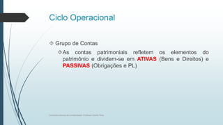Ciclo Operacional
 Grupo de Contas
As contas patrimoniais refletem os elementos do
patrimônio e dividem-se em ATIVAS (Bens e Direitos) e
PASSIVAS (Obrigações e PL)
Conceitos básicos de contabilidade- Professor Danilo Pires
 