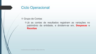 Ciclo Operacional
 Grupo de Contas
Já as contas de resultados registram as variações no
patrimônio da entidade, e dividem-se em, Despesas e
Receitas
Conceitos básicos de contabilidade- Professor Danilo Pires
 