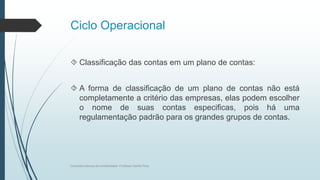 Ciclo Operacional
 Classificação das contas em um plano de contas:
 A forma de classificação de um plano de contas não e...