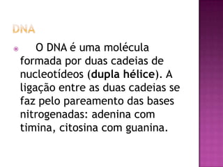  O DNA é uma molécula
formada por duas cadeias de
nucleotídeos (dupla hélice). A
ligação entre as duas cadeias se
faz pelo pareamento das bases
nitrogenadas: adenina com
timina, citosina com guanina.
 