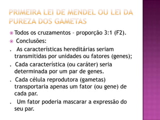  Todos os cruzamentos – proporção 3:1 (F2).
 Conclusões:
. As características hereditárias seriam
transmitidas por unidades ou fatores (genes);
. Cada característica (ou caráter) seria
determinada por um par de genes.
. Cada célula reprodutora (gametas)
transportaria apenas um fator (ou gene) de
cada par.
. Um fator poderia mascarar a expressão do
seu par.
 