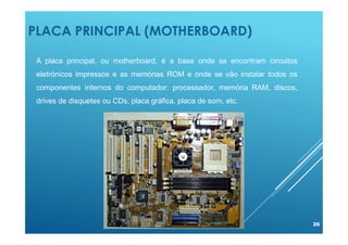 PLACA PRINCIPAL (MOTHERBOARD)
26
A placa principal, ou motherboard, é a base onde se encontram circuitos
eletrónicos impressos e as memórias ROM e onde se vão instalar todos os
componentes internos do computador: processador, memória RAM, discos,
drives de disquetes ou CDs, placa gráfica, placa de som, etc.
 