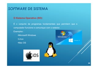 SOFTWARE DE SISTEMA
29
O Sistema Operativo (SO):
É o conjunto de programas fundamentais que permitem que o
computador funcione e comunique com o exterior.
Exemplos :
•Microsoft Windows
•Linux
•Mac OS
 