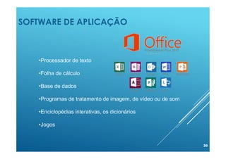 SOFTWARE DE APLICAÇÃO
30
•Processador de texto
•Folha de cálculo
•Base de dados
•Programas de tratamento de imagem, de vídeo ou de som
•Enciclopédias interativas, os dicionários
•Jogos
 
