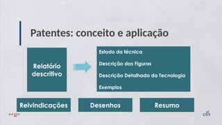 Patentes: conceito e aplicação
Relatório
descritivo
Estado da técnica
Descrição das Figuras
Descrição Detalhada da Tecnologia
Exemplos
Reivindicações Resumo
Desenhos
 