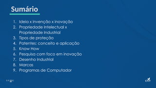 Sumário
1. Ideia x invenção x inovação
2. Propriedade Intelectual x
Propriedade Industrial
3. Tipos de proteção
4. Patentes: conceito e aplicação
5. Know How
6. Pesquisa com foco em inovação
7. Desenho Industrial
8. Marcas
9. Programas de Computador
 